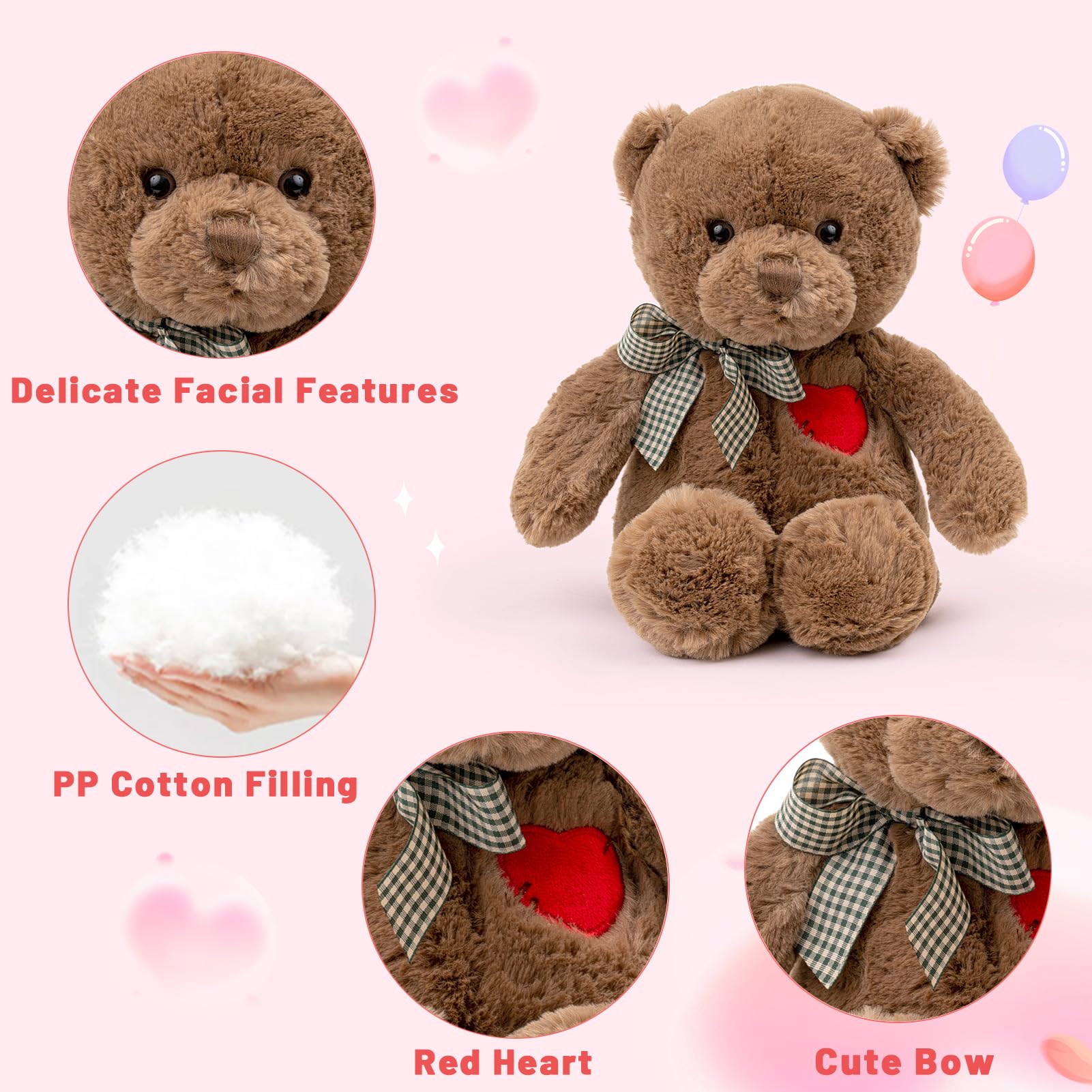 11” Brown Teddy Bear with Heart – Soft Plush Stuffed Animal Gift for Valentine’s Day, Birthday, Christmas